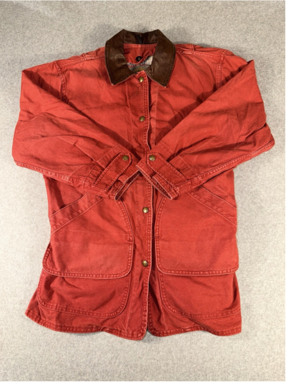Vintage Woolrich Blanket Lined Barn Jacket Womens Small Red Leather Collar